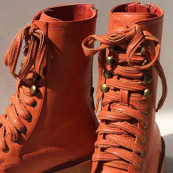 NEW Cognac Orange Laced Up Zipper Back Wooden Heel Mid Calf Ankle Combat… - Picture 7 of 13